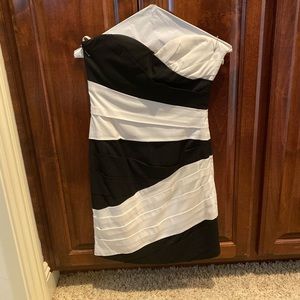 Asymmetrical striped BCBG mini strapless dress